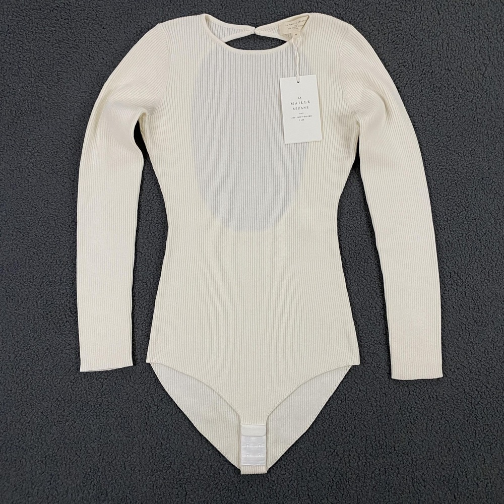 Sezane Ashley Bodysuit Womens Medium Ecru Ribbed Merino Wool Cotton Long Sleeve
